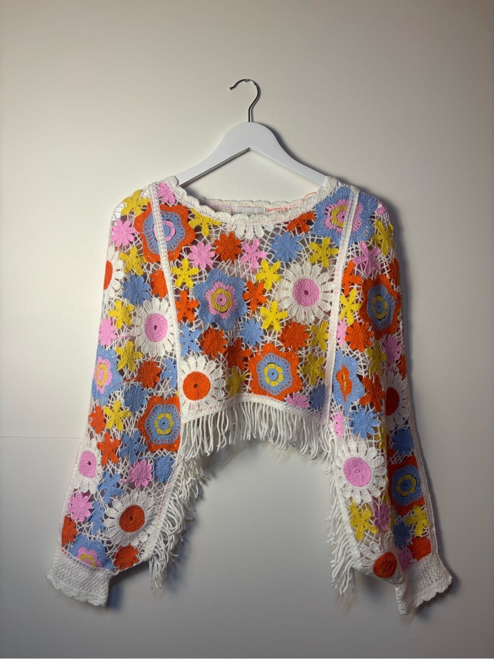 NWOT House of Harlow 1960 Multicolor Crochet Fringe Sweater Shrug, one size